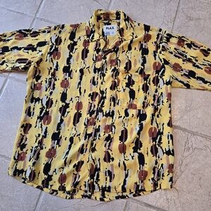 Flax Brand Yellow Short Sleeve Shirt Mens S Yellow W/ Colorful Blotch Pattern
